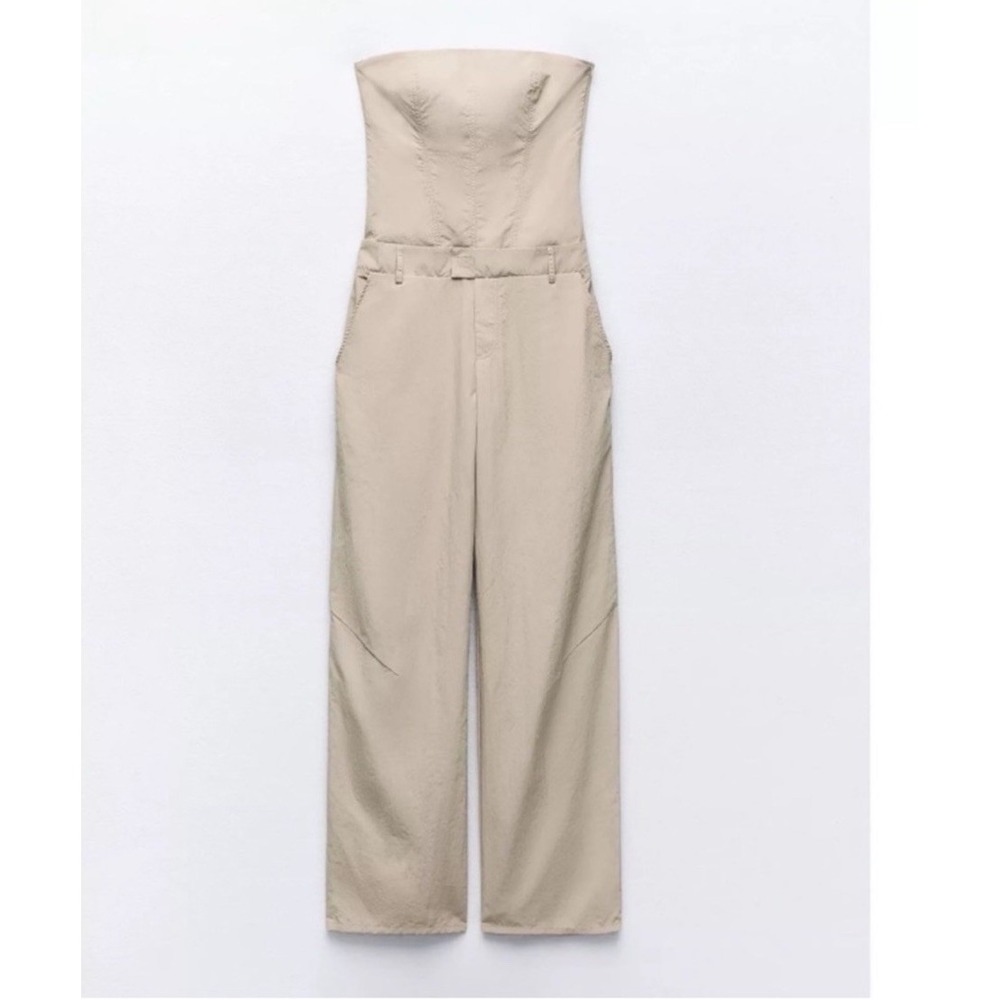 ZARA STRAPLESS OFF THE SHOULDER‎ NYLON JUMPSUIT, KHAKI, SIZE XS  BLOGGERS FAV